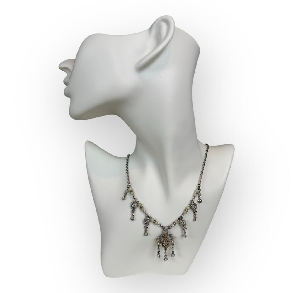 Vintage 925 Sterling Silver Filigree Dangle Bib‎ Necklace With Beaded Drops 18"